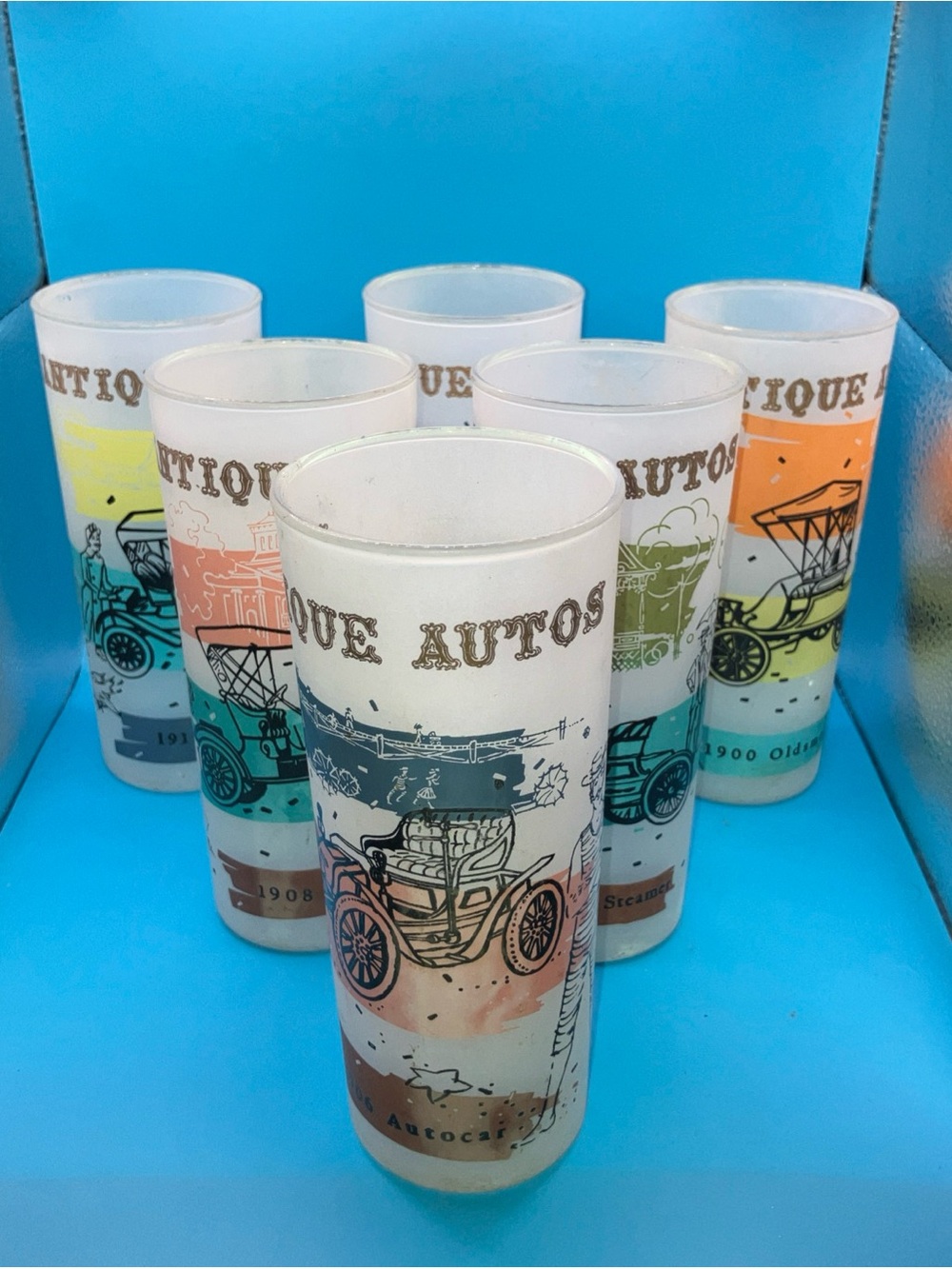 Vtg 6x MCM Antique Autos Anchor Hocking Highball Tumbler Glasses Frosted 6.5"